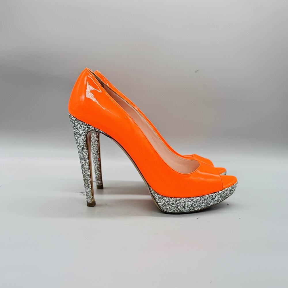 Miu Miu Shoes Womens 9.5 Orange Patent Glitter Platform Peep Toe Stiletto Pumps